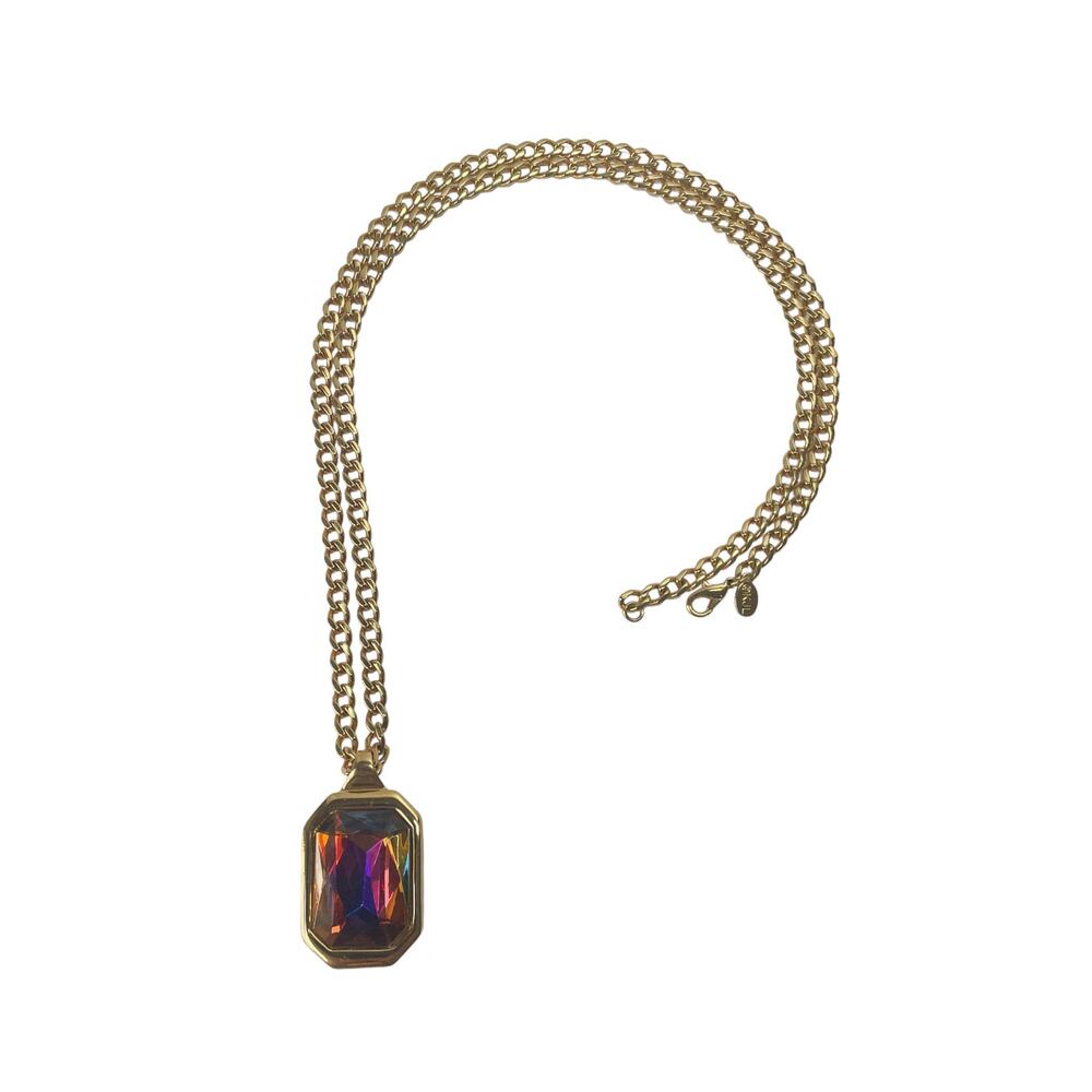 1990s Kenneth Jay Lane Gold Plated Octagon Faux Tourmaline Crystal Necklace